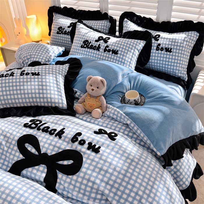 91家纺网 家纺一手货源 找家纺 炫拼家纺 2024新款法式蝴蝶结牛奶绒四件套 法式蝴蝶结-蓝