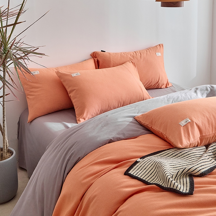 91家纺网 家纺一手货源 找家纺 铭宣家居 2024新款双拼全棉色织磨毛四件套 珊瑚橙-浅灰