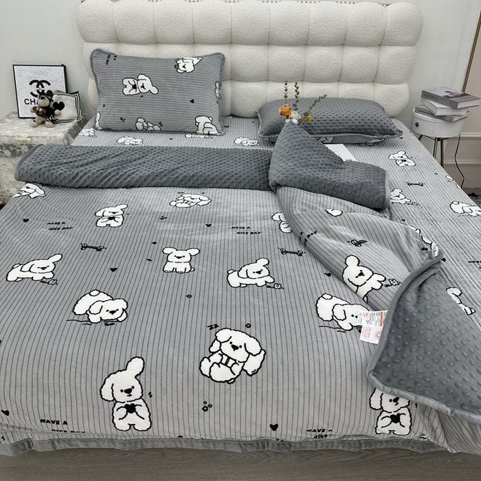 91家纺网 家纺一手货源 找家纺 暖居 2024新款婴儿绒 榻榻米炕盖床盖四件套 旺财灰灰