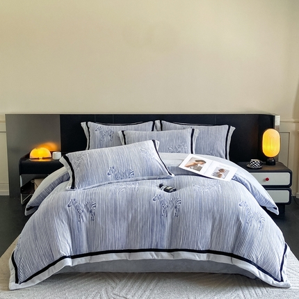 91家纺网 家纺一手货源 找家纺 （总）博纳家纺 2024新款牛奶绒灼色烂花拼接款吊边床四件套-斑马