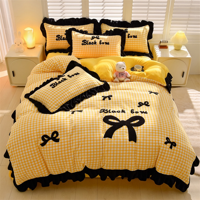 91家纺网 家纺一手货源 找家纺 炫拼家纺 2024新款法式蝴蝶结牛奶绒四件套 法式蝴蝶结-黄