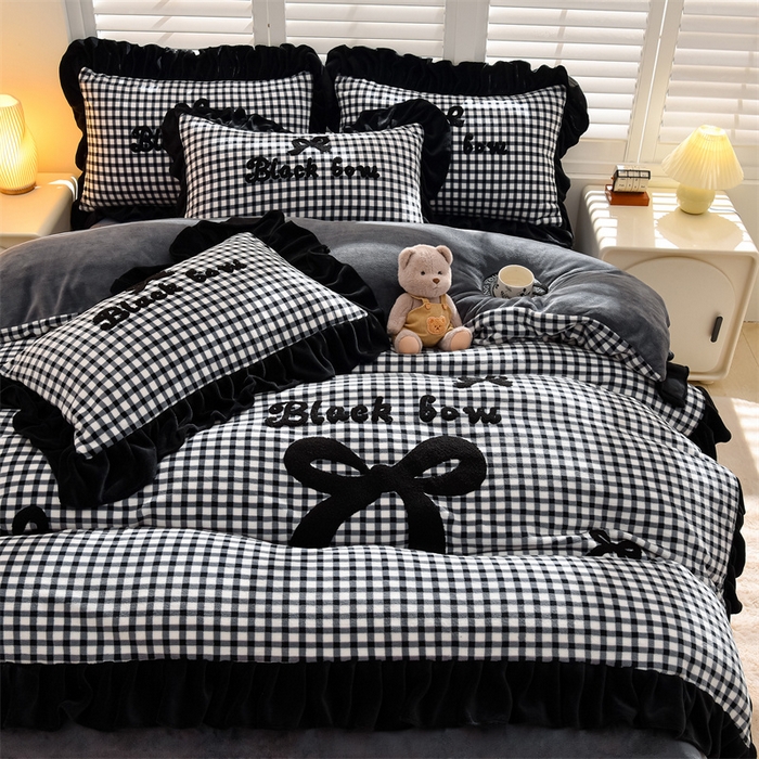 91家纺网 家纺一手货源 找家纺 炫拼家纺 2024新款法式蝴蝶结牛奶绒四件套 法式蝴蝶结-黑