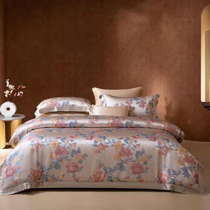 2024新款色织大提花全真丝桑蚕丝四件套花香灰色