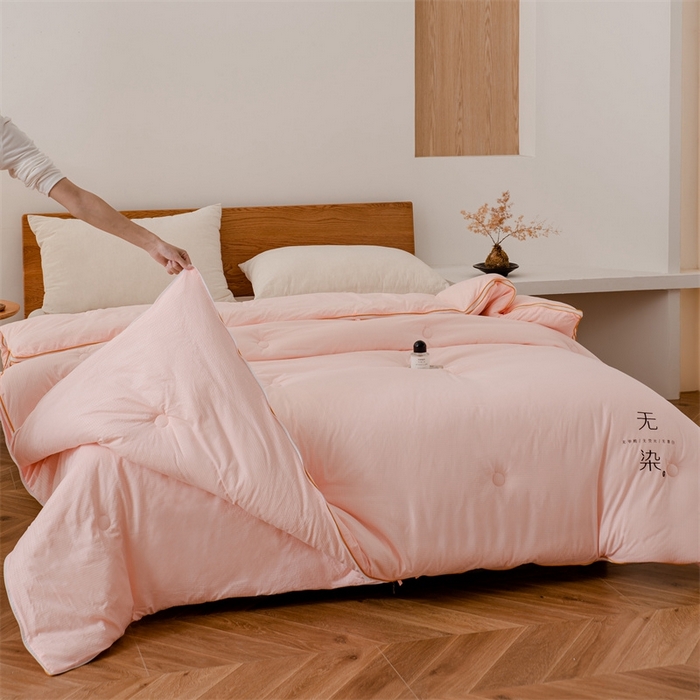 91家纺网 家纺一手货源 找家纺 仁凯家纺 2024新款无染华夫格大豆子母被 拉链二合一 子母被春秋被加厚冬被 双胎被 粉玉