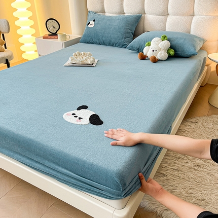 居眠 2024新款单层高克重牛奶绒毛巾绣床笠 牛奶绒欢乐狗 雾蓝