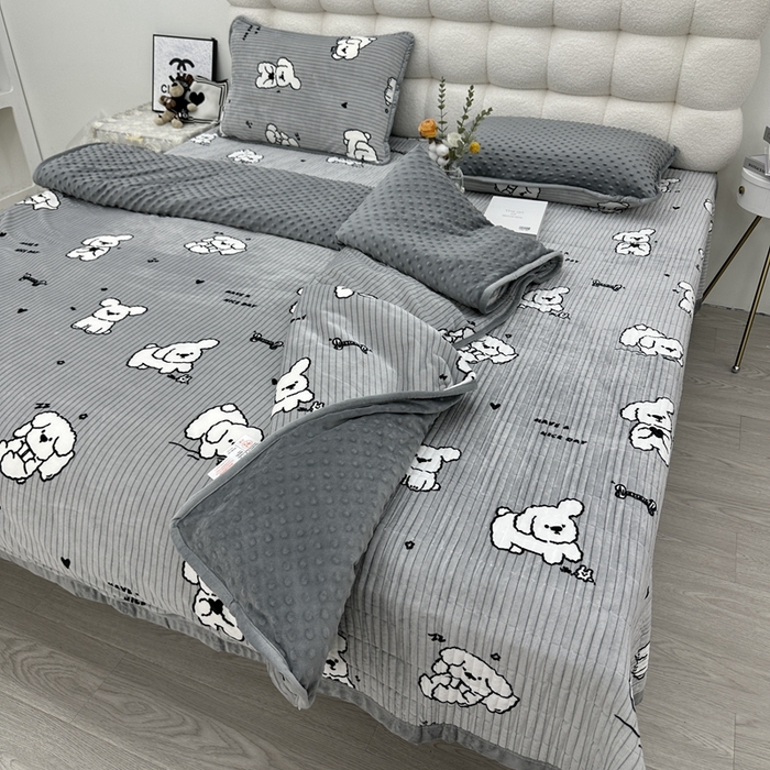 91家纺网 家纺一手货源 找家纺 暖居 2024新款婴儿绒 榻榻米炕盖床盖四件套 旺财灰灰