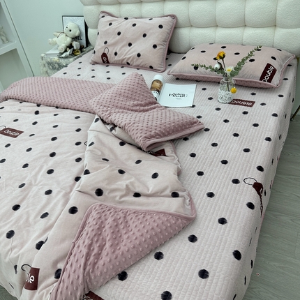 暖居 2024新款婴儿绒 榻榻米炕盖床盖四件套 粉豆沙波点