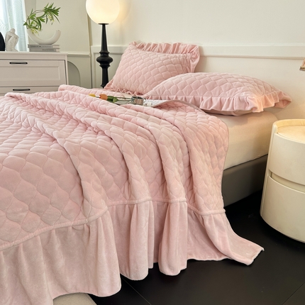 屹成家纺 2024新款牛奶绒拼接款床盖三件套 拼接款-浅粉