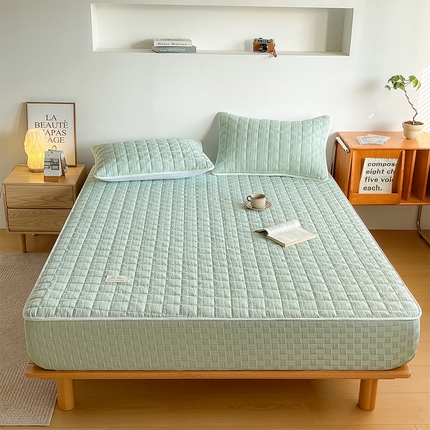 91家纺网 家纺一手货源 找家纺 萌飞 2024新款华夫格夹棉床笠 浅青色