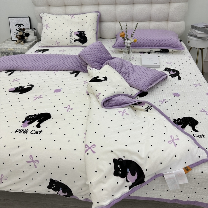 91家纺网 家纺一手货源 找家纺 暖居 2024新款婴儿绒 榻榻米炕盖床盖四件套 紫冰猫