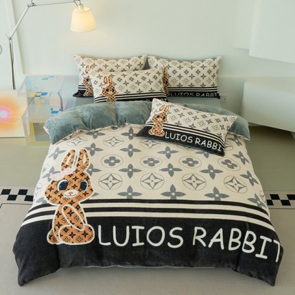 91家纺网 家纺一手货源 找家纺 色鬼布艺 2024新款秋冬加厚牛奶绒四件套 罗威兔