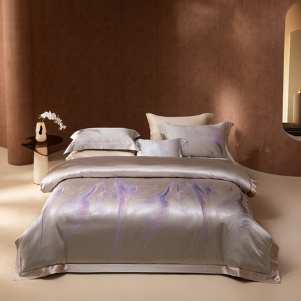 2024新款色织大提花全真丝桑蚕丝四件套芙蕖浅色