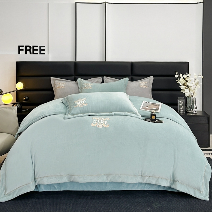 91家纺网 家纺一手货源 找家纺 羽梦家纺 2024秋冬新品260克加厚全工艺消光保暖花边刺绣牛奶绒四件套-遇见春屿系列 遇见春屿-湖蓝