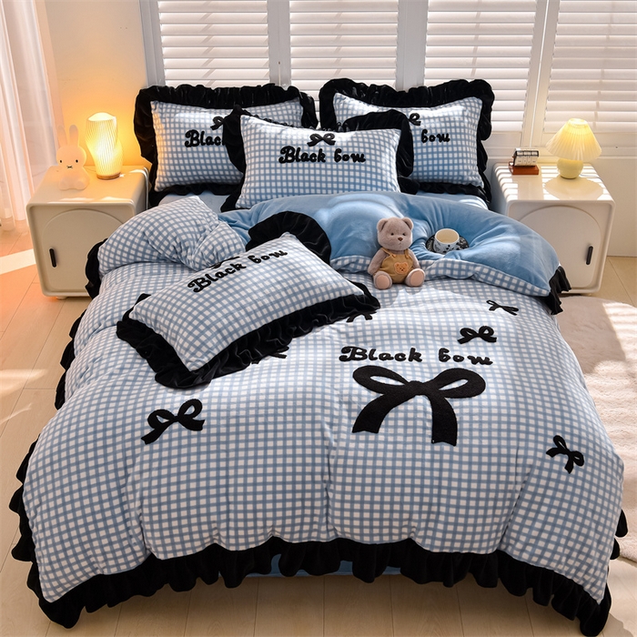 91家纺网 家纺一手货源 找家纺 炫拼家纺 2024新款法式蝴蝶结牛奶绒四件套 法式蝴蝶结-蓝