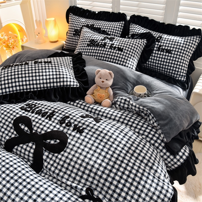 91家纺网 家纺一手货源 找家纺 炫拼家纺 2024新款法式蝴蝶结牛奶绒四件套 法式蝴蝶结-黑