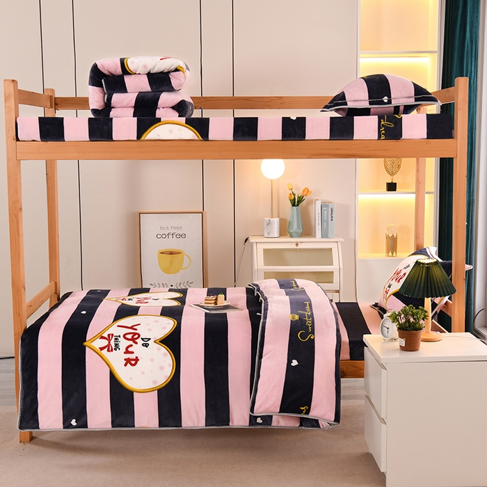 91家纺网 家纺一手货源 找家纺 乐旗家纺 2025新款5斤加厚牛奶绒三件学生宿舍上下铺单人床 蝴蝶结