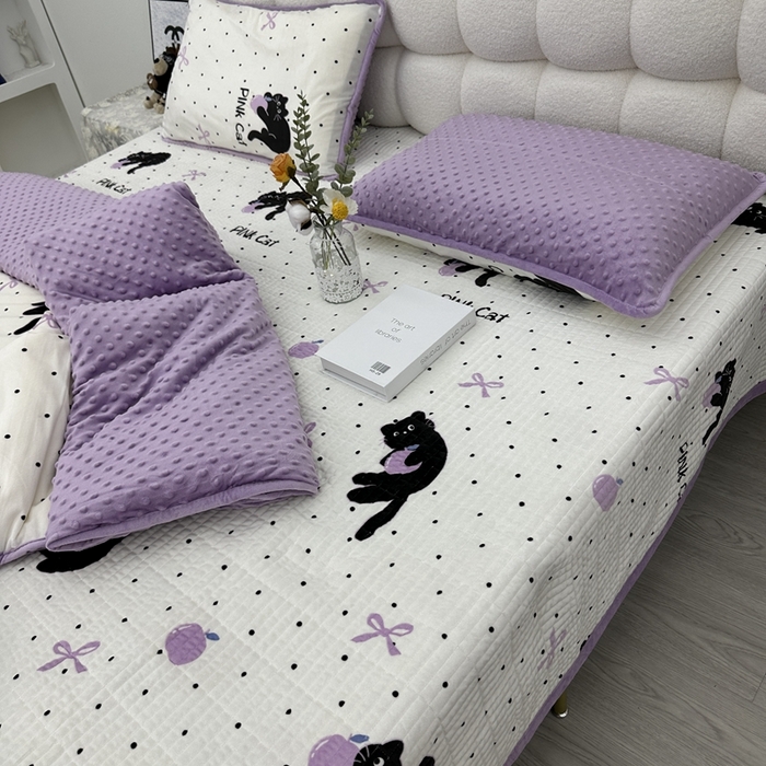 91家纺网 家纺一手货源 找家纺 暖居 2024新款婴儿绒 榻榻米炕盖床盖四件套 紫冰猫
