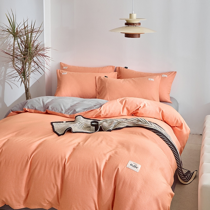 91家纺网 家纺一手货源 找家纺 铭宣家居 2024新款双拼全棉色织磨毛四件套 珊瑚橙-浅灰