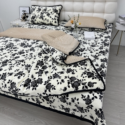 暖居 2024新款婴儿绒 榻榻米炕盖床盖四件套 黑花