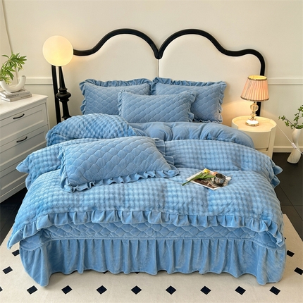 91家纺网 家纺一手货源 找家纺 屹成家纺 2024新款牛奶绒泡泡款床盖四件套 泡泡款-蓝色