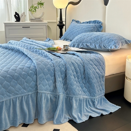 91家纺网 家纺一手货源 找家纺 屹成家纺 2024新款牛奶绒泡泡款床盖三件套 泡泡款-蓝色