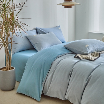 铭宣家居 2024新款双拼全棉色织磨毛四件套 晴空蓝-蓝灰