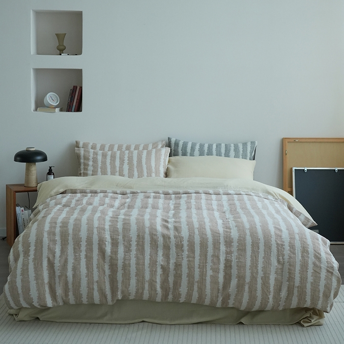 91家纺网 家纺一手货源 找家纺 （总）2024新款全棉双层提花条纹简约日式侘寂风四件套纯色人字纹纯棉床单民宿高端被套