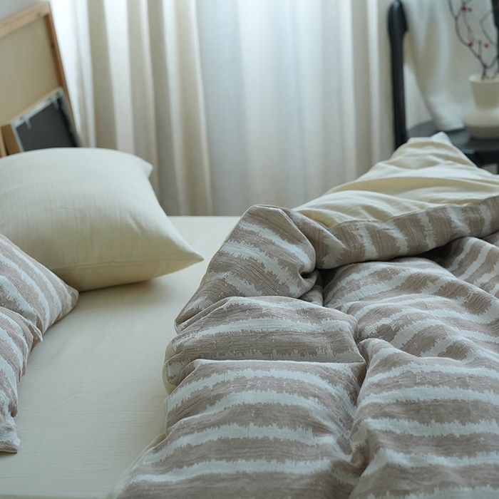 91家纺网 家纺一手货源 找家纺 （总）2024新款全棉双层提花条纹简约日式侘寂风四件套纯色人字纹纯棉床单民宿高端被套