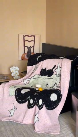 91家纺网 家纺一手货源 找家纺 圆岛 2024新款多功能针织半边绒毛毯 秋千猫