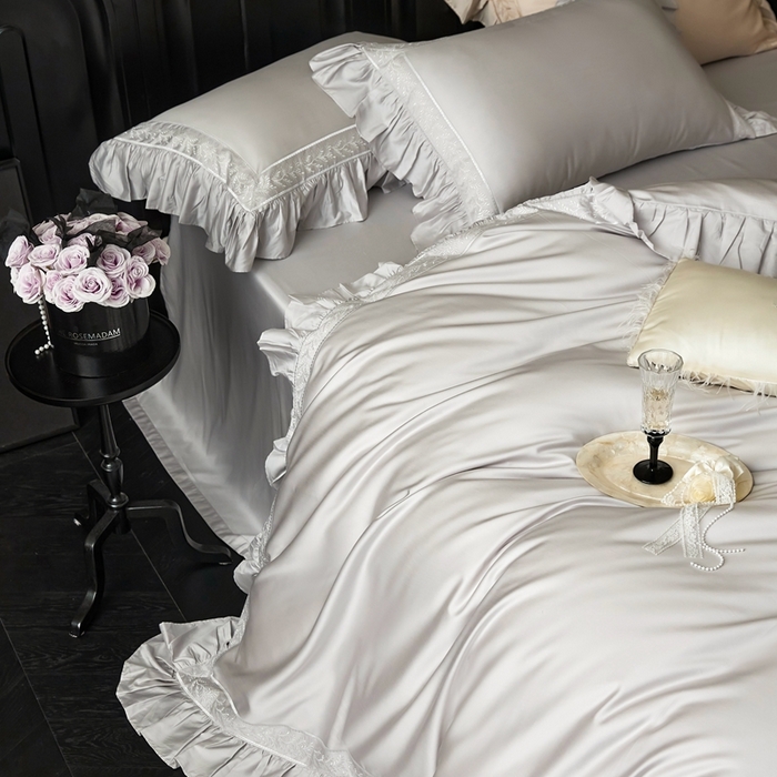 91家纺网 家纺一手货源 找家纺 榻尚家居 2024新款法式花边绣花天丝棉四件套-秘境 秘境-银灰