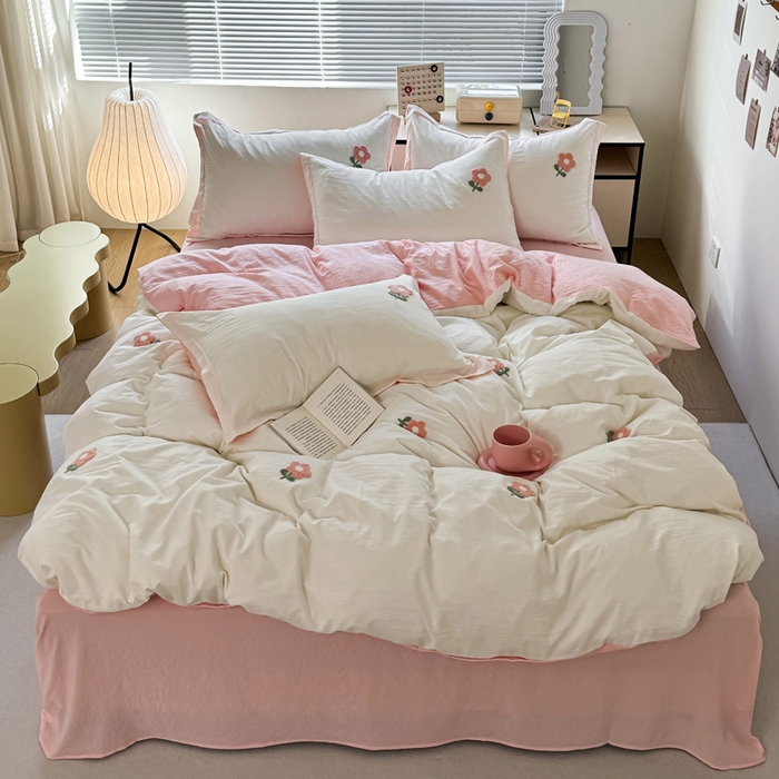 91家纺网 家纺一手货源 找家纺 布可家纺 2025新款水洗棉毛巾绣四件套 花儿朵朵-白玉