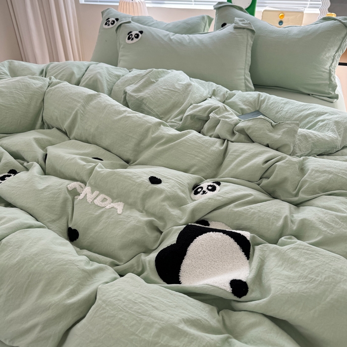 91家纺网 家纺一手货源 找家纺 布可家纺 2025新款水洗棉毛巾绣四件套 熊猫嘟嘟-绿