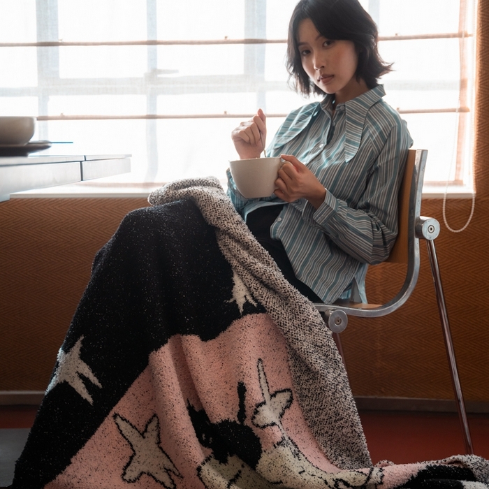 91家纺网 家纺一手货源 找家纺 圆岛 2024新款多功能针织半边绒毛毯 秋千猫