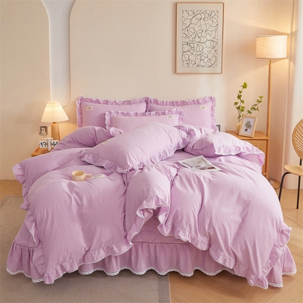 91家纺网 家纺一手货源 找家纺 缦彩 2024新款全棉纯棉蕾丝花边纯色床盖花边被套四件套 梦幻紫