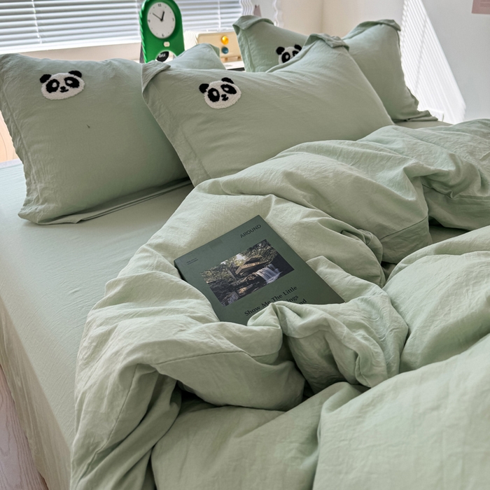 91家纺网 家纺一手货源 找家纺 布可家纺 2025新款水洗棉毛巾绣四件套 熊猫嘟嘟-绿