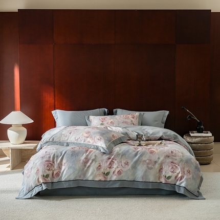 2024新款天丝棉磨毛宽边+嵌条印花四件套 婉清-蓝