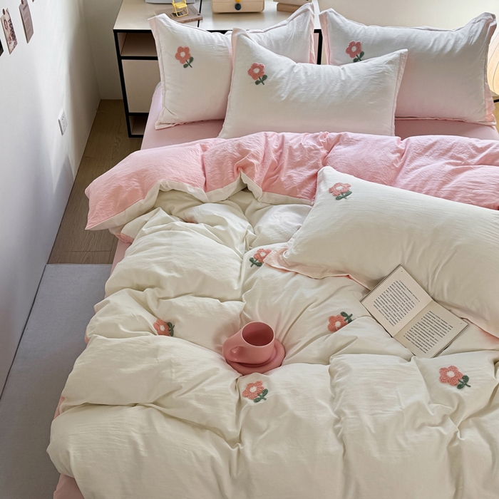 91家纺网 家纺一手货源 找家纺 布可家纺 2025新款水洗棉毛巾绣四件套 花儿朵朵-白玉