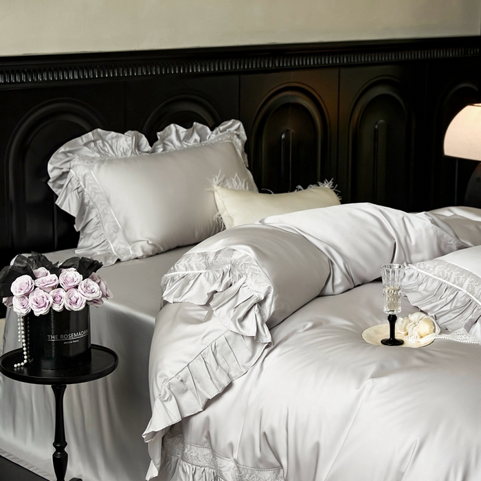 91家纺网 家纺一手货源 找家纺 榻尚家居 2024新款法式花边绣花天丝棉四件套-秘境 秘境-银灰