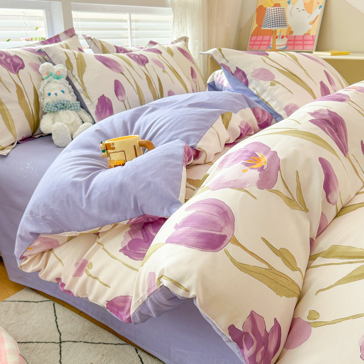 91家纺网 家纺一手货源 找家纺 红馆 2025年全棉12868印花系列四件套 紫色郁金香