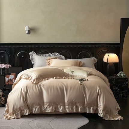 91家纺网 家纺一手货源 找家纺 榻尚家居 2024新款法式花边绣花天丝棉四件套-秘境 秘境-香槟