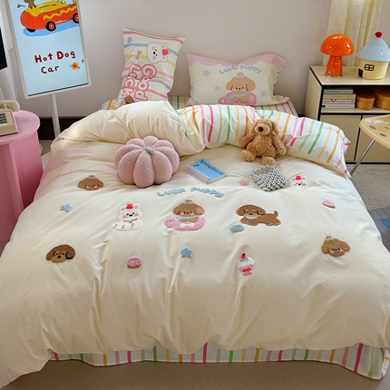 91家纺网 家纺一手货源 找家纺 眠屿家纺 2025新款全棉磨毛毛巾绣四件套 茶杯犬