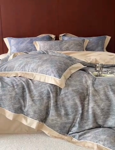 91家纺网 家纺一手货源 找家纺 2024新款天丝棉磨毛宽边+嵌条印花四件套 岚烟-绿