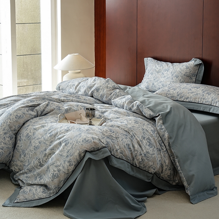 91家纺网 家纺一手货源 找家纺 2024新款天丝棉磨毛宽边+嵌条印花四件套 繁花予槿-蓝