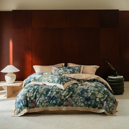 2024新款天丝棉磨毛宽边+嵌条印花四件套 繁花熙悦