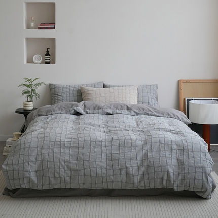 （总）2024新款色织提花纯棉日式四件套简约全棉纯色标准双人被套人字纹纯色大床单无印风--安沐系列