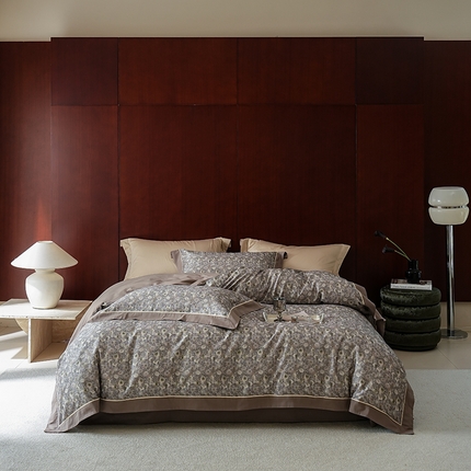 2024新款天丝棉磨毛宽边+嵌条印花四件套 流云-灰