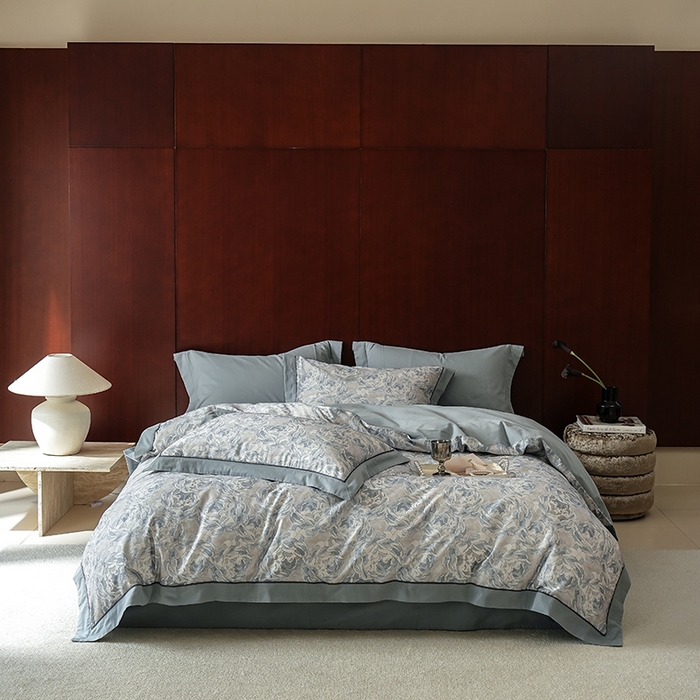 91家纺网 家纺一手货源 找家纺 2024新款天丝棉磨毛宽边+嵌条印花四件套 繁花予槿-蓝