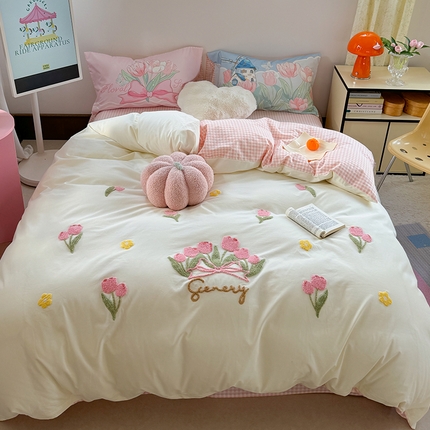 眠屿家纺 2025新款全棉磨毛毛巾绣四件套 花园郁金香