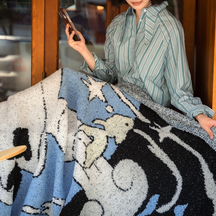 91家纺网 家纺一手货源 找家纺 圆岛 2024新款多功能针织半边绒毛毯 喷泉小鱼