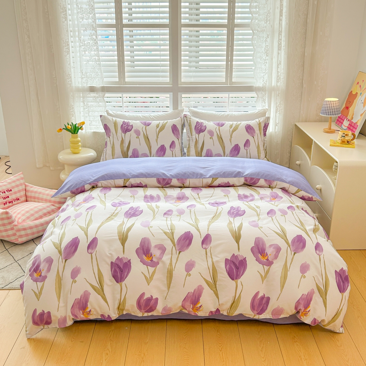 91家纺网 家纺一手货源 找家纺 红馆 2025年全棉12868印花系列四件套 紫色郁金香